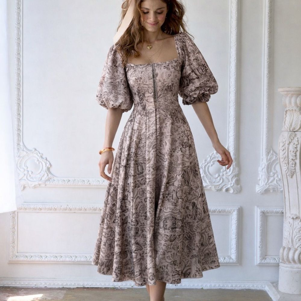 Selkie Brown Toile Day Dress XS Puff Sleeve Corset Midi EUC